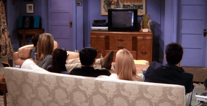 Neutral, beige sofa in Monica's apartment.